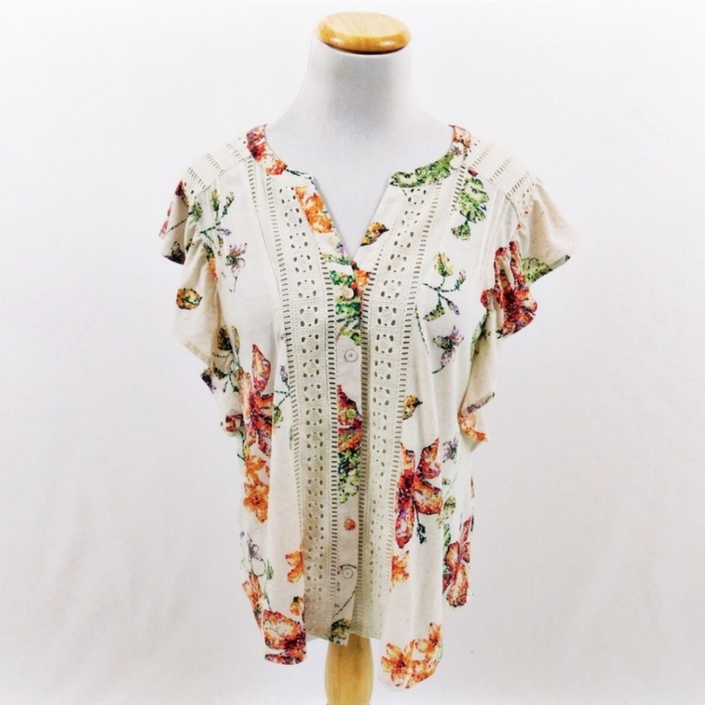 Anthropologie Floral Top with Crochet PM - Picture 1 of 2